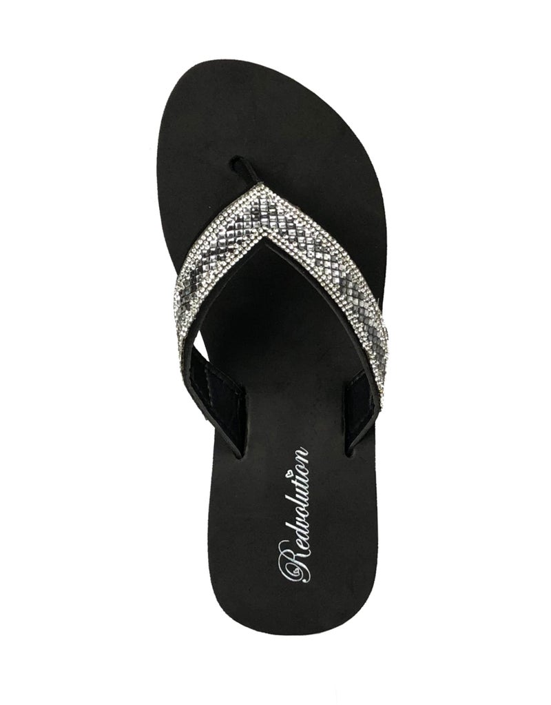 REDVOLUTION New Women's Rhinestone Sandals Platform T-Strap Jewel Sandals High Wedge Flip Flops (Crystal [Black], Numeric_8) - Image 4